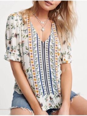 Lucky Brand Floral Boho Peplum Top 2X Plus V-Neck Flowy Blouse